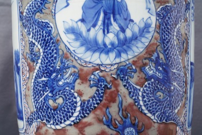 A rare Chinese blue, white and underglaze red rouleau vase, Kangxi